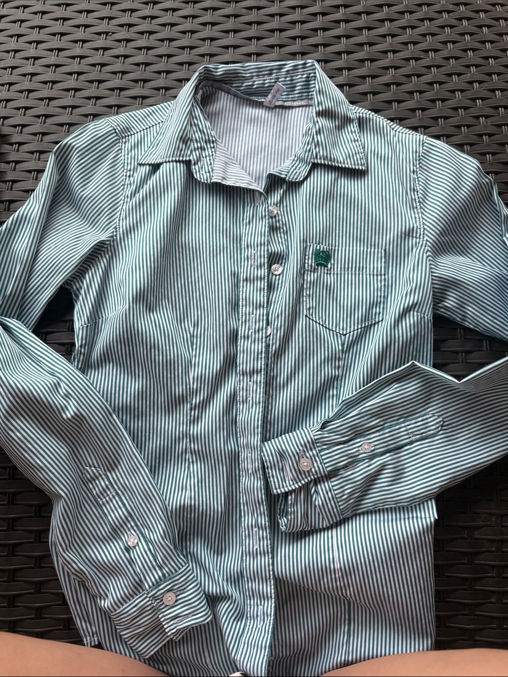 Cinch XS Women's Green and White Striped Button-Down Shirt